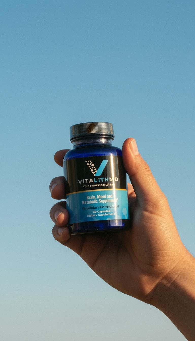 Hand holding a bottle of VitalithMD supplement against a clear blue sky